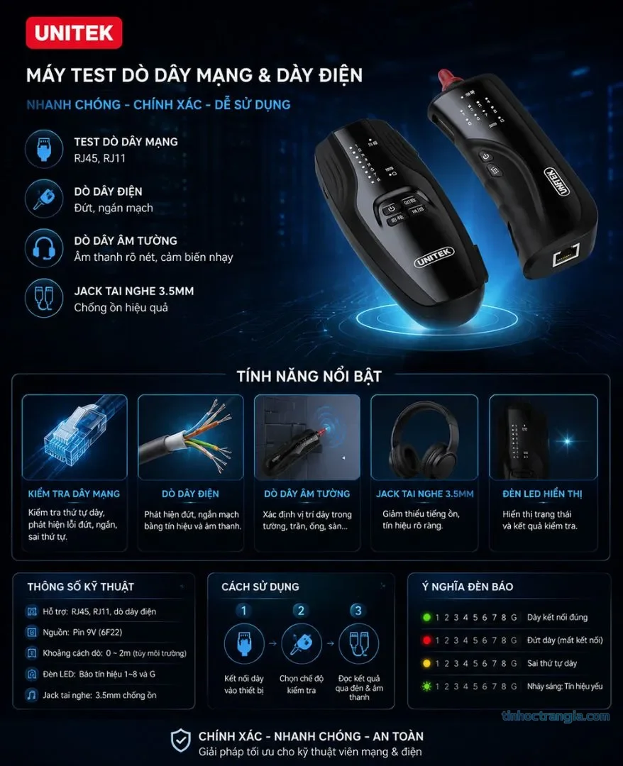 Hộp test mạng Unitek OT60BK chính hãng (Test PoE, Âm Tường) 4